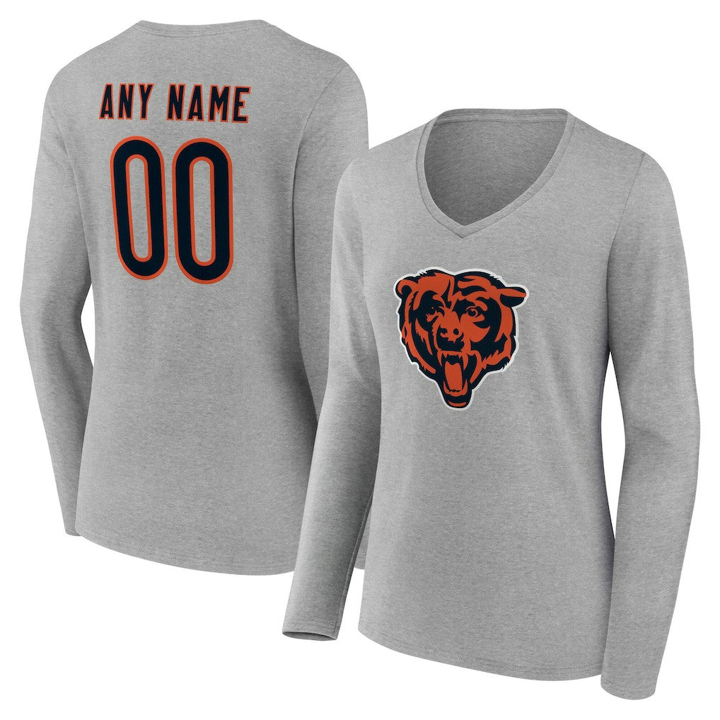 Chicago Bears Women's Team Authentic Personalized Name & Number Long Sleeve V-Neck T-Shirt - Gray T-shirts