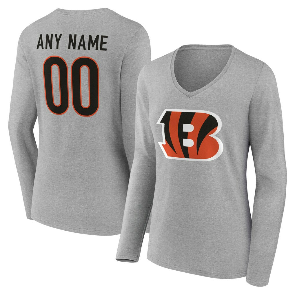 Cincinnati Bengals Women's Team Authentic Personalized Name & Number Long Sleeve V-Neck T-Shirt - Gray T-shirts