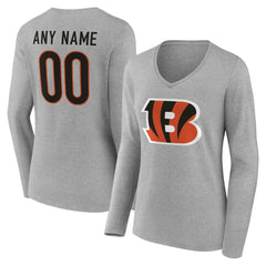 Cincinnati Bengals Women's Team Authentic Personalized Name & Number Long Sleeve V-Neck T-Shirt - Gray T-shirts