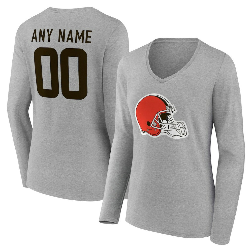 Cleveland Browns Women's Team Authentic Personalized Name & Number Long Sleeve V-Neck T-Shirt - Gray T-shirts