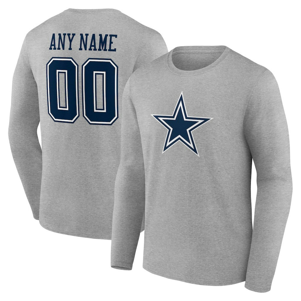 Dallas Cowboys Team Authentic Personalized Name & Number Long Sleeve T-Shirt - Gray T-shirts