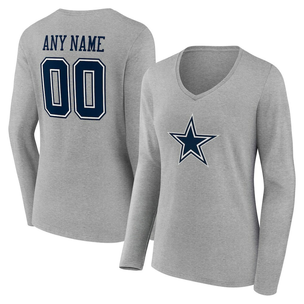 Dallas Cowboys Women's Team Authentic Personalized Name & Number Long Sleeve V-Neck T-Shirt - Gray T-shirts