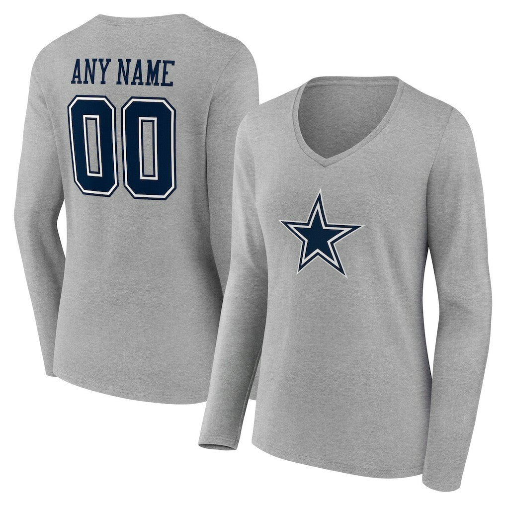 Dallas Cowboys Women's Team Authentic Personalized Name & Number Long Sleeve V-Neck T-Shirt - Gray T-shirts