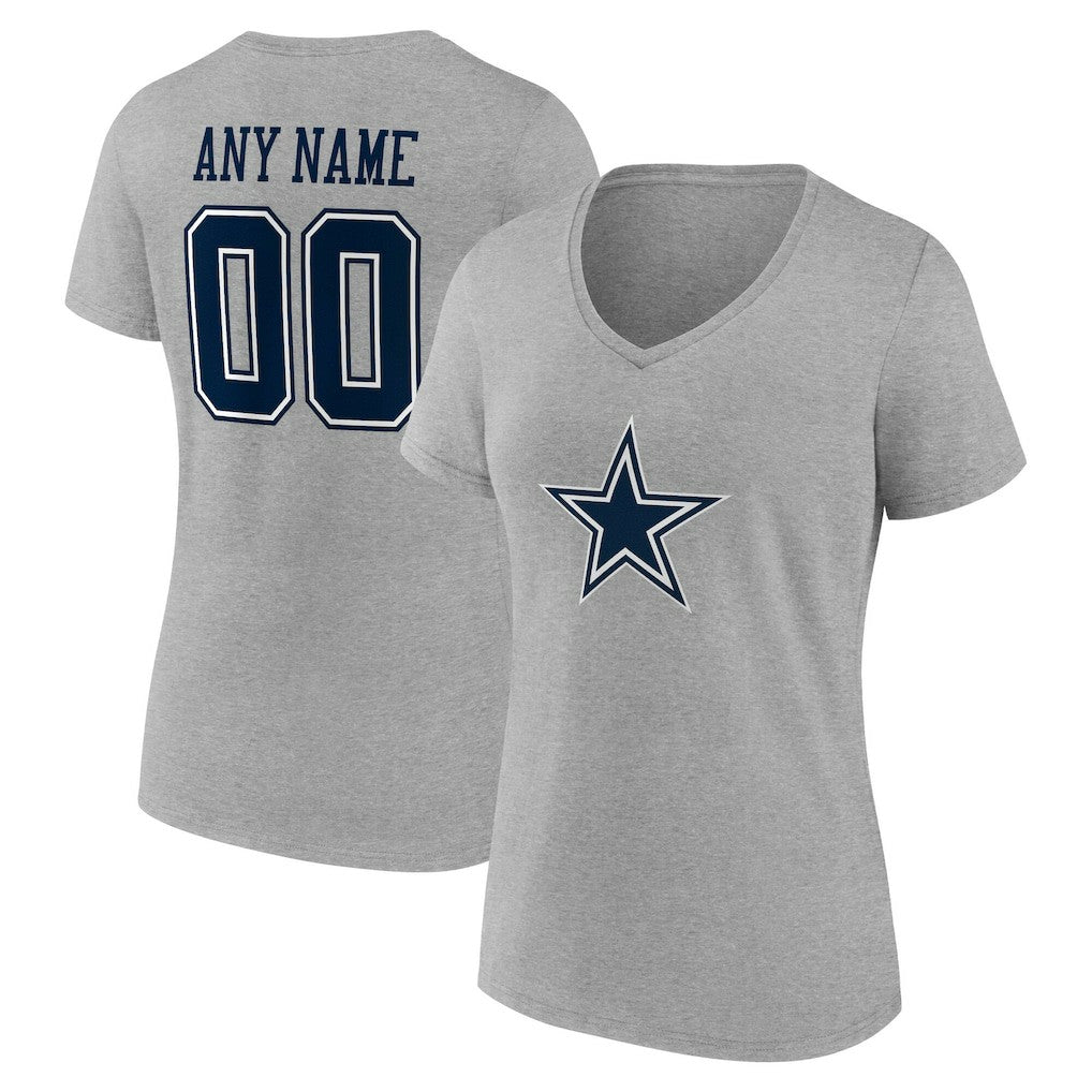 Dallas Cowboys Women's Team Authentic Personalized Name & Number V-Neck T-Shirt - Gray T-shirts