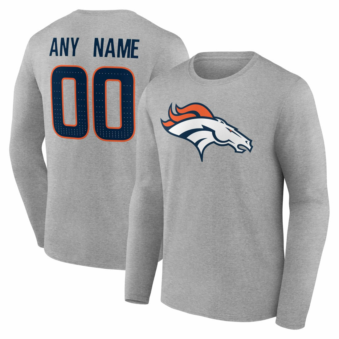 Denver Broncos Team Authentic Personalized Name & Number Long Sleeve T-Shirt - Gray T-shirts