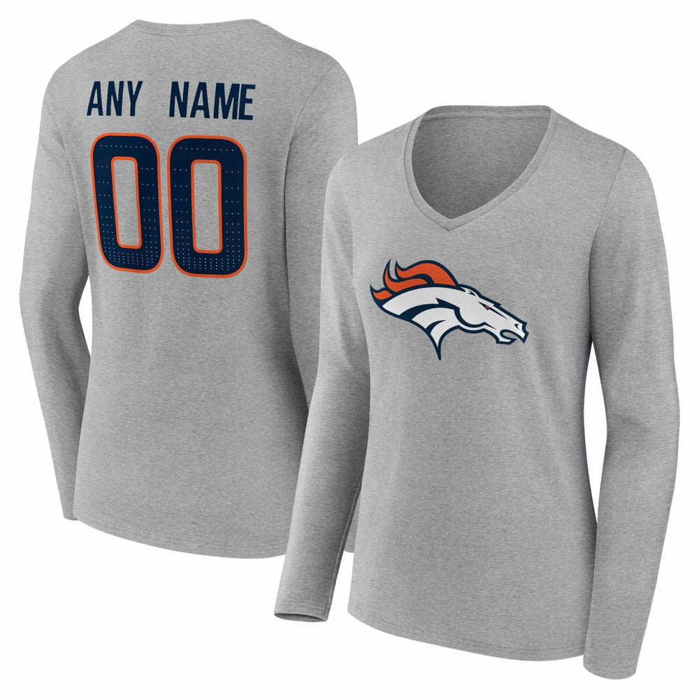 Denver Broncos Women's Team Authentic Personalized Name & Number Long Sleeve V-Neck T-Shirt - Gray T-shirts