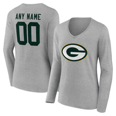 Green Bay Packers Women's Team Authentic Personalized Name & Number Long Sleeve V-Neck T-Shirt - Gray T-shirts