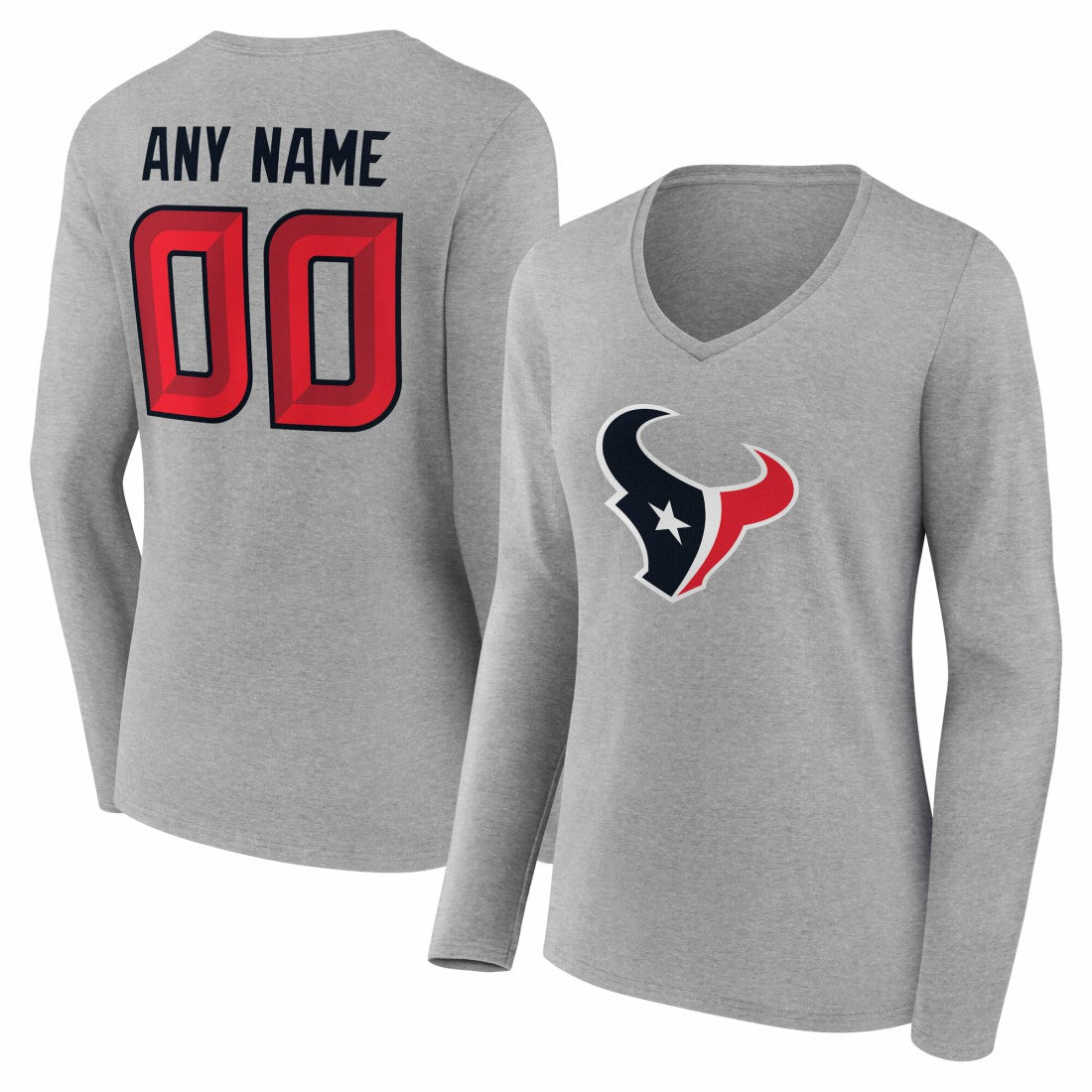 Houston Texans Women's Team Authentic Personalized Name & Number Long Sleeve V-Neck T-Shirt - Gray T-shirts