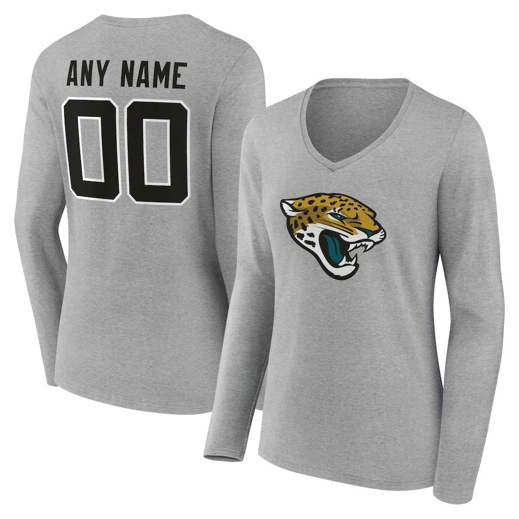 Jacksonville Jaguars Women's Team Authentic Personalized Name & Number Long Sleeve V-Neck T-Shirt - Gray T-shirts