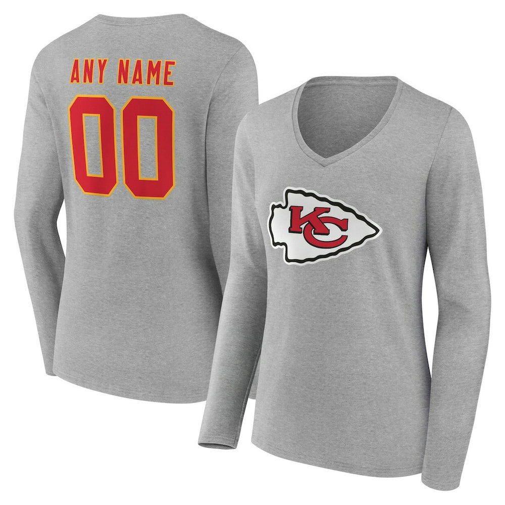 Kansas City Chiefs Women's Team Authentic Personalized Name & Number Long Sleeve V-Neck T-Shirt - Gray T-shirts