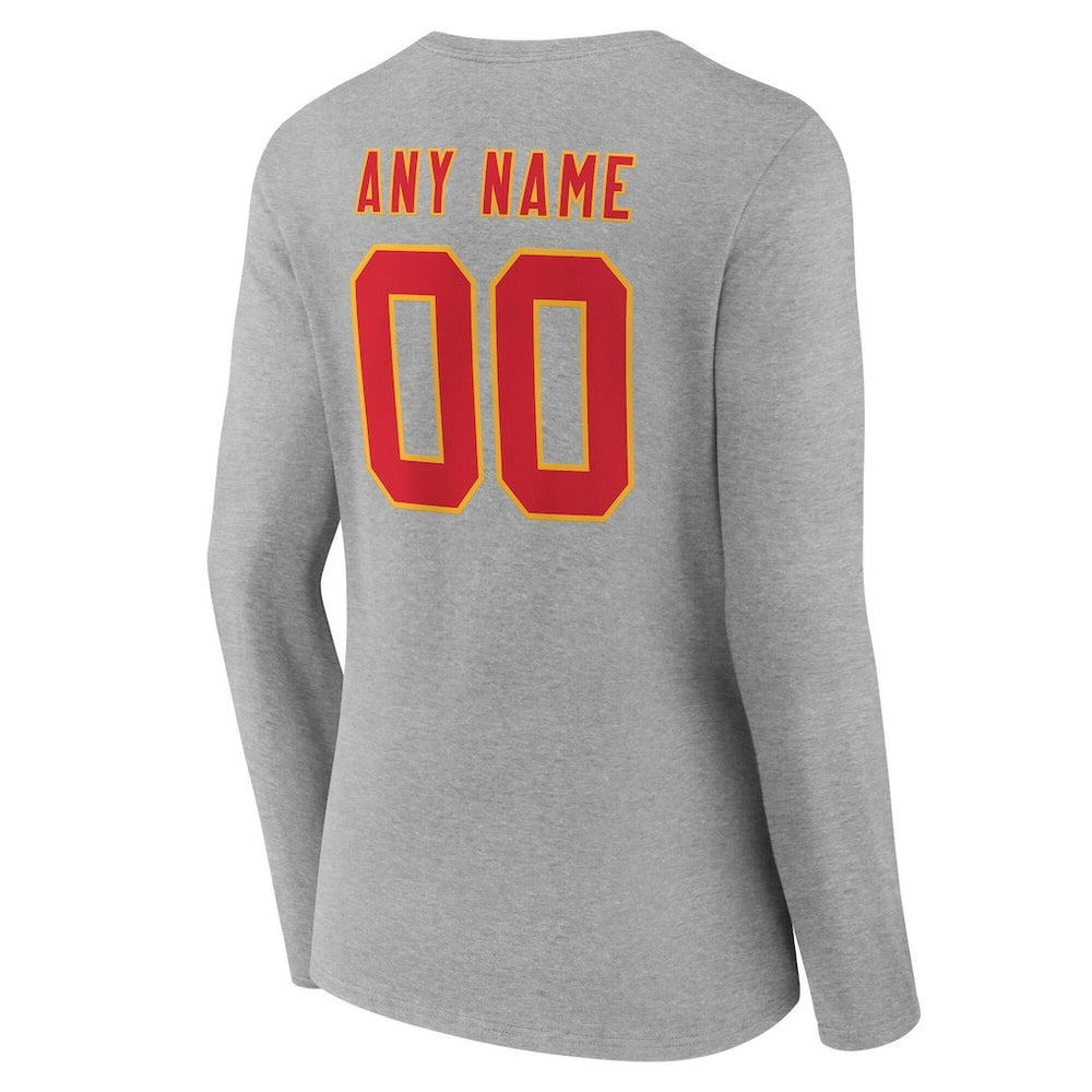 Kansas City Chiefs Women's Team Authentic Personalized Name & Number Long Sleeve V-Neck T-Shirt - Gray T-shirts