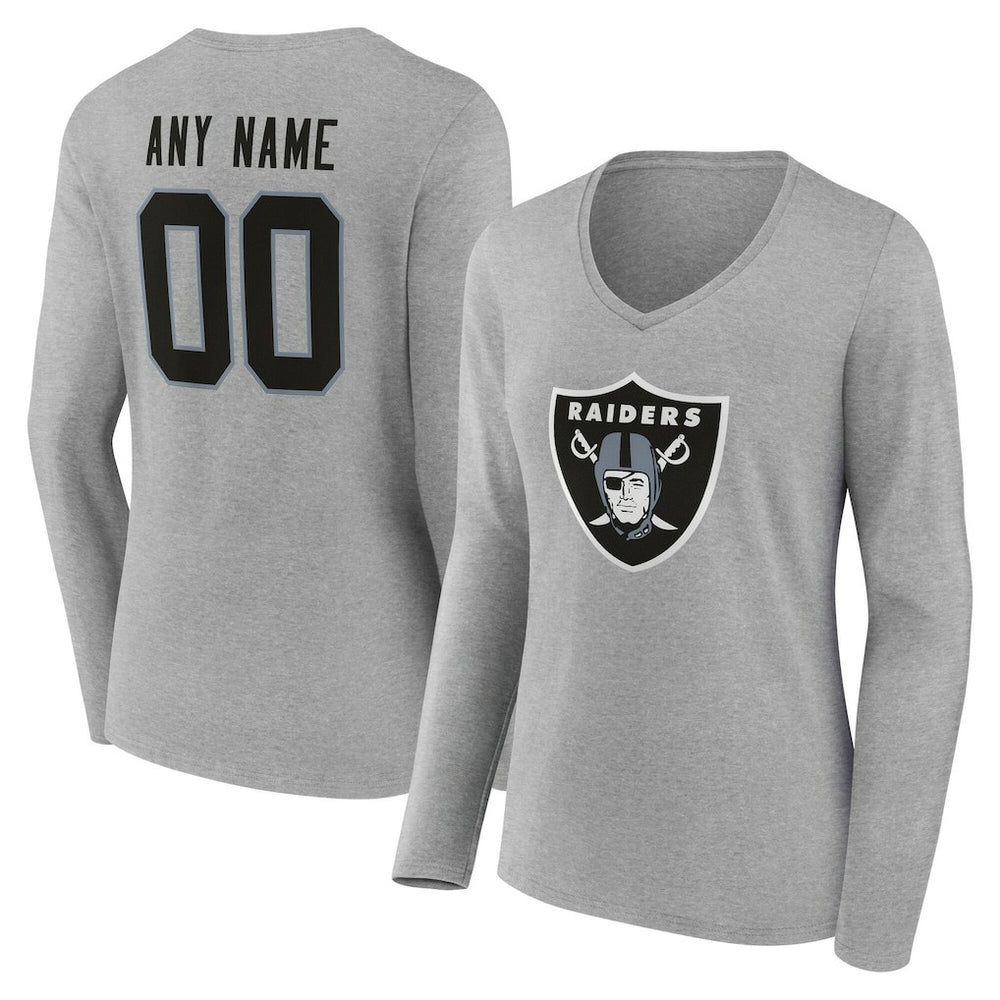 Las Vegas Raiders Women's Team Authentic Personalized Name & Number Long Sleeve V-Neck T-Shirt - Gray T-shirts