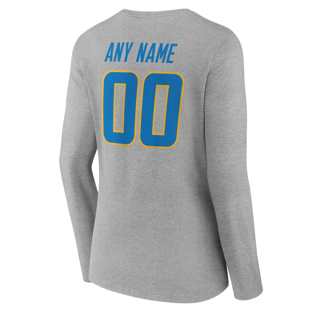 Los Angeles Chargers Women's Team Authentic Personalized Name & Number Long Sleeve V-Neck T-Shirt - Gray T-shirts