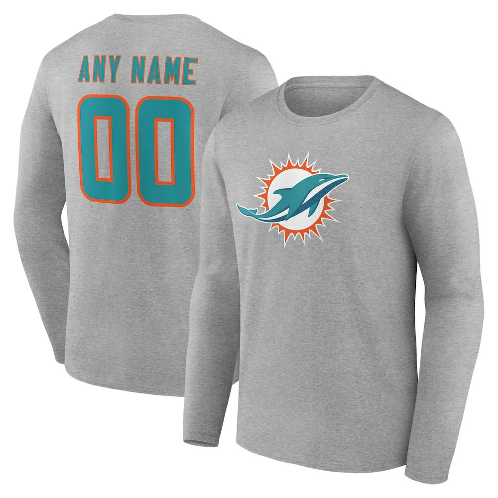 Miami Dolphins Team Authentic Personalized Name & Number Long Sleeve T-Shirt - Gray T-shirts