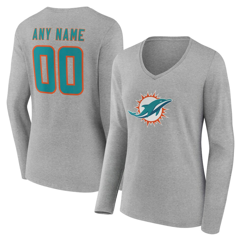 Miami Dolphins Women's Team Authentic Personalized Name & Number Long Sleeve V-Neck T-Shirt - Gray T-shirts
