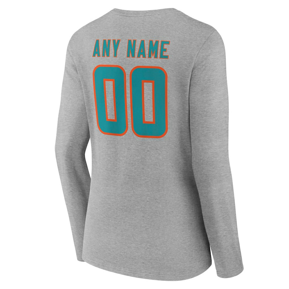 Miami Dolphins Women's Team Authentic Personalized Name & Number Long Sleeve V-Neck T-Shirt - Gray T-shirts