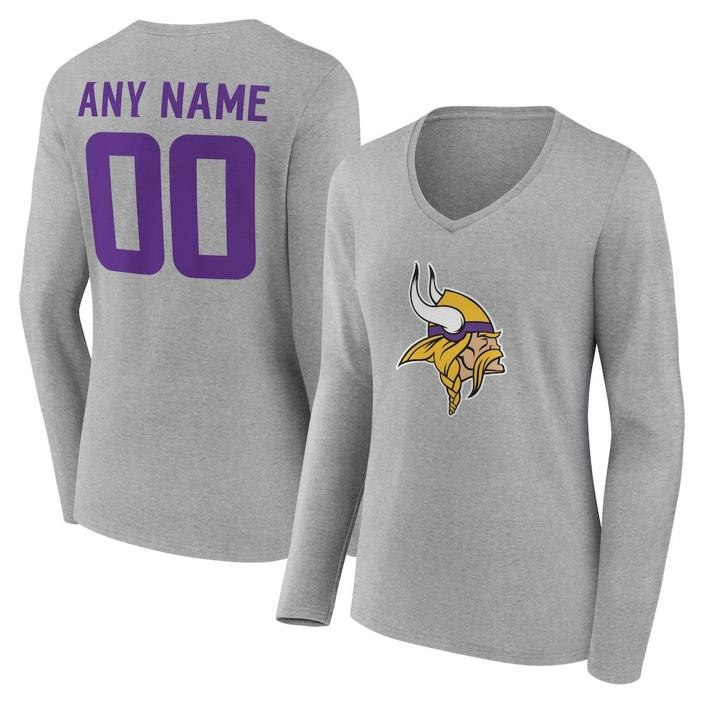 Minnesota Vikings Women's Team Authentic Personalized Name & Number Long Sleeve V-Neck T-Shirt - Gray T-shirts