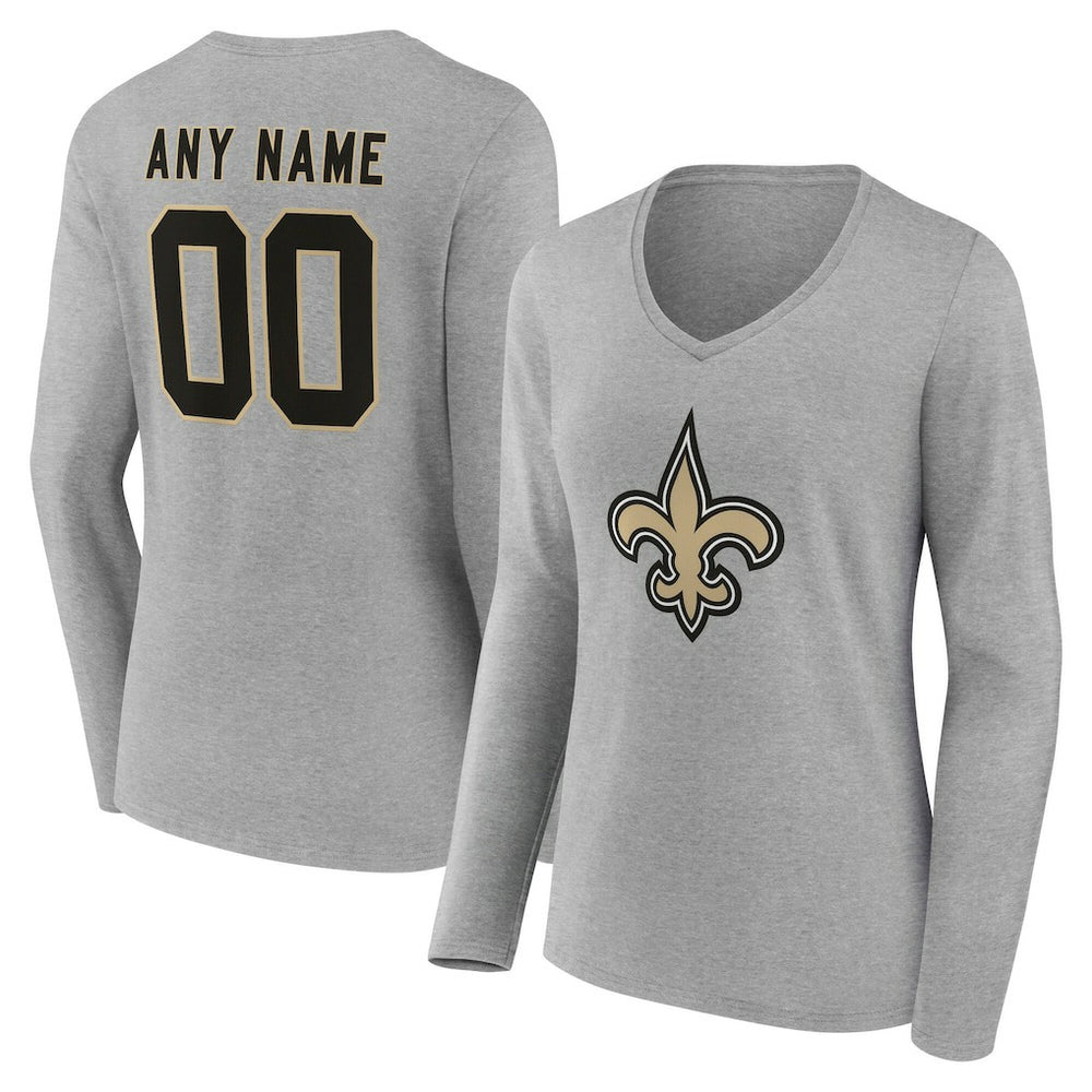 New Orleans Saints Women's Team Authentic Personalized Name & Number Long Sleeve V-Neck T-Shirt - Gray T-shirts