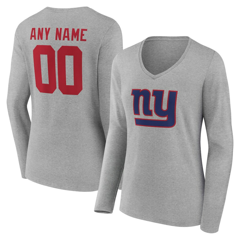 New York Giants Women's Team Authentic Personalized Name & Number Long Sleeve V-Neck T-Shirt - Gray T-shirts