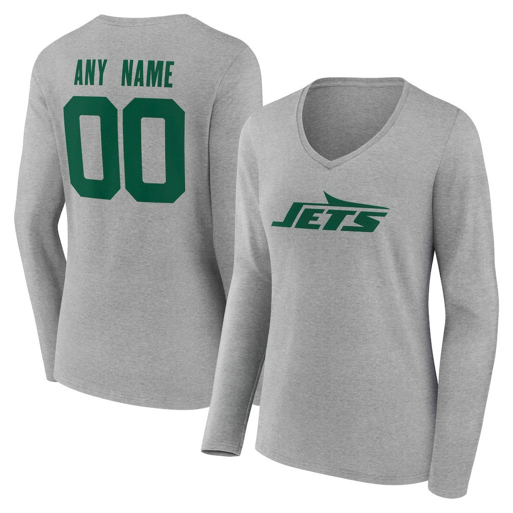 New York Jets Women's Team Authentic Personalized Name & Number Long Sleeve V-Neck T-Shirt - Gray T-shirts