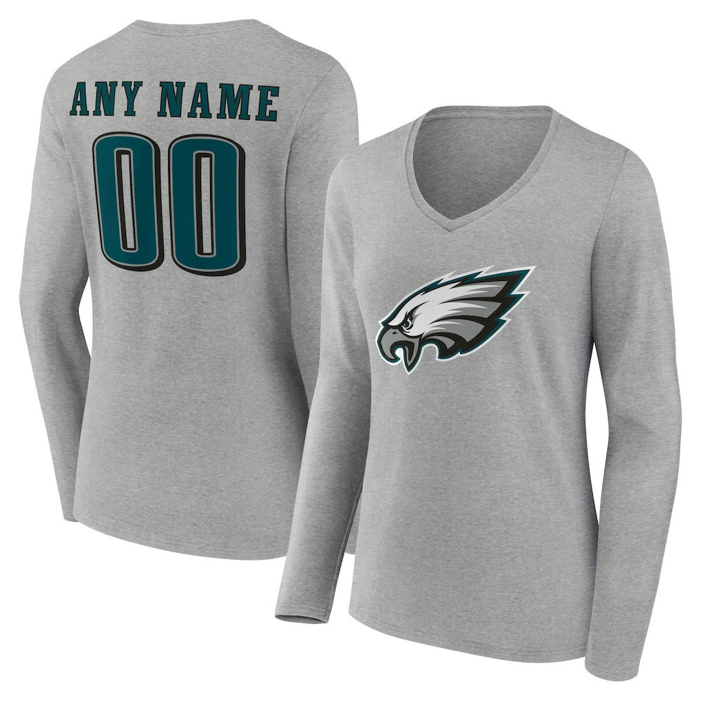 Philadelphia Eagles Women's Team Authentic Personalized Name & Number Long Sleeve V-Neck T-Shirt - Gray T-shirts