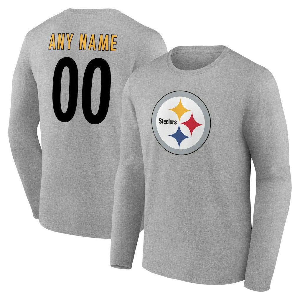 Pittsburgh Steelers Team Authentic Personalized Name & Number Long Sleeve T-Shirt - Gray T-shirts
