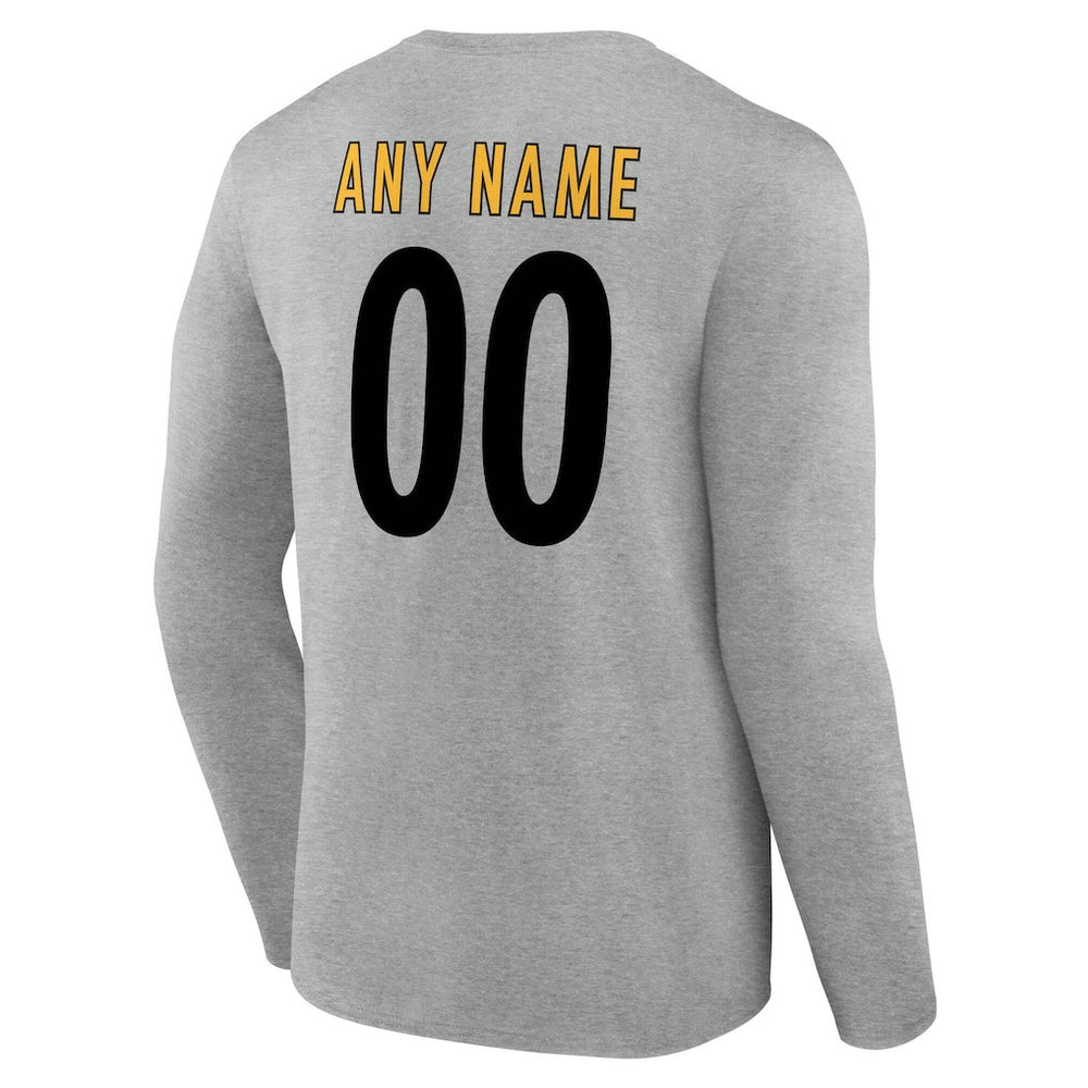 Pittsburgh Steelers Team Authentic Personalized Name & Number Long Sleeve T-Shirt - Gray T-shirts