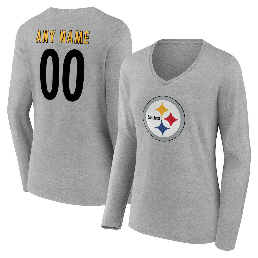 Pittsburgh Steelers Women's Team Authentic Personalized Name & Number Long Sleeve V-Neck T-Shirt - Gray T-shirts