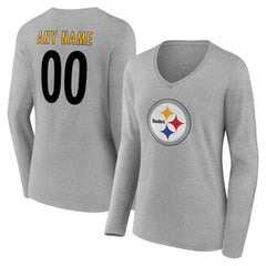 Pittsburgh Steelers Women's Team Authentic Personalized Name & Number Long Sleeve V-Neck T-Shirt - Gray T-shirts