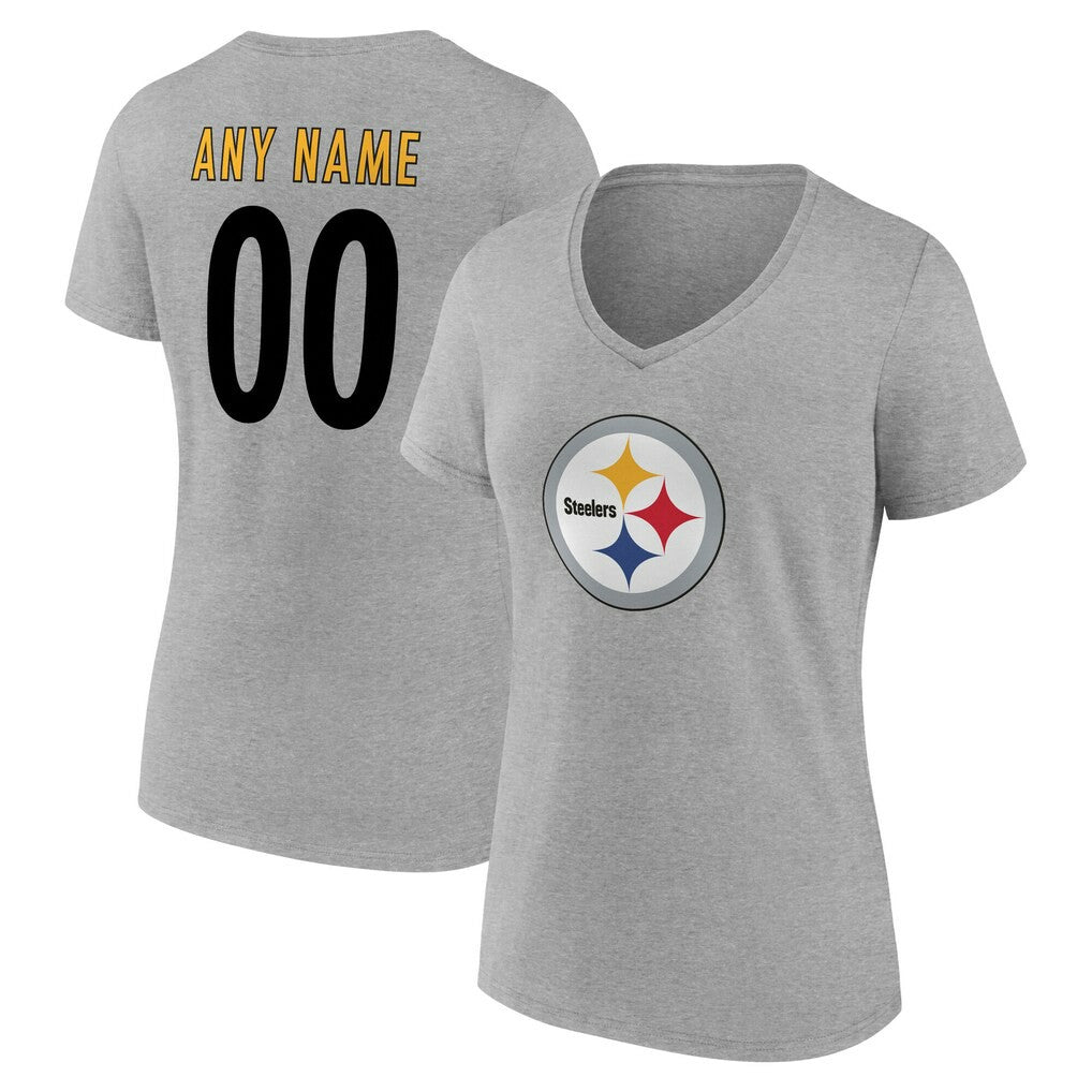 Pittsburgh Steelers Women's Team Authentic Personalized Name & Number V-Neck T-Shirt - Gray T-shirts