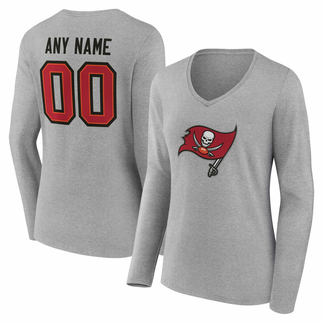 Tampa Bay Buccaneers Women's Team Authentic Personalized Name & Number Long Sleeve V-Neck T-Shirt - Gray T-shirts