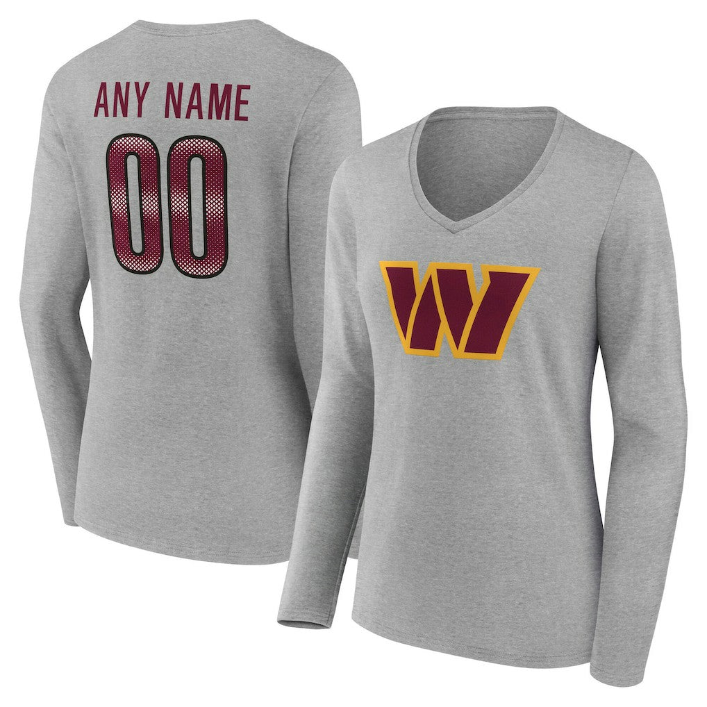Washington Commanders Women's Team Authentic Personalized Name & Number Long Sleeve V-Neck T-Shirt - Gray T-shirts