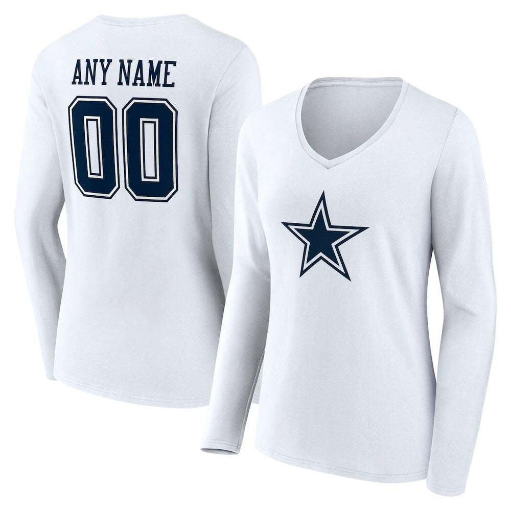 Dallas Cowboys Women's Team Authentic Personalized Name & Number Long Sleeve V-Neck T-Shirt - White T-shirts