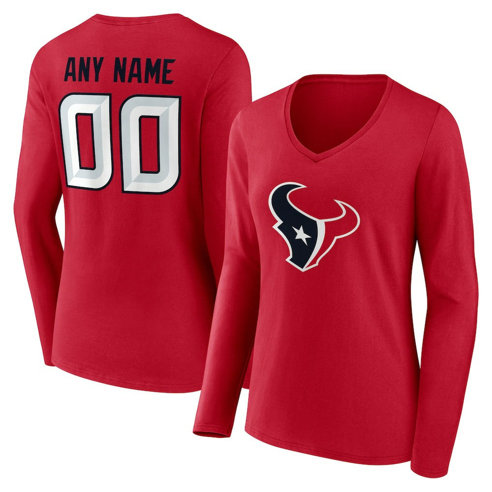 Houston Texans Women's Team Authentic Personalized Name & Number Long Sleeve V-Neck T-Shirt - Red T-shirts