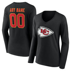 Kansas City Chiefs Women's Team Authentic Personalized Name & Number Long Sleeve V-Neck T-Shirt - Black T-shirts