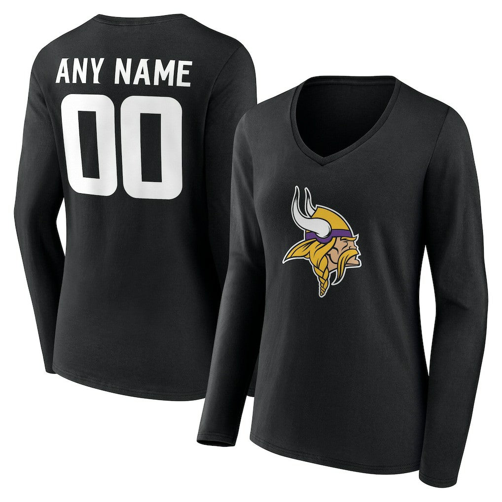 Minnesota Vikings Women's Team Authentic Personalized Name & Number Long Sleeve V-Neck T-Shirt - Black T-shirts