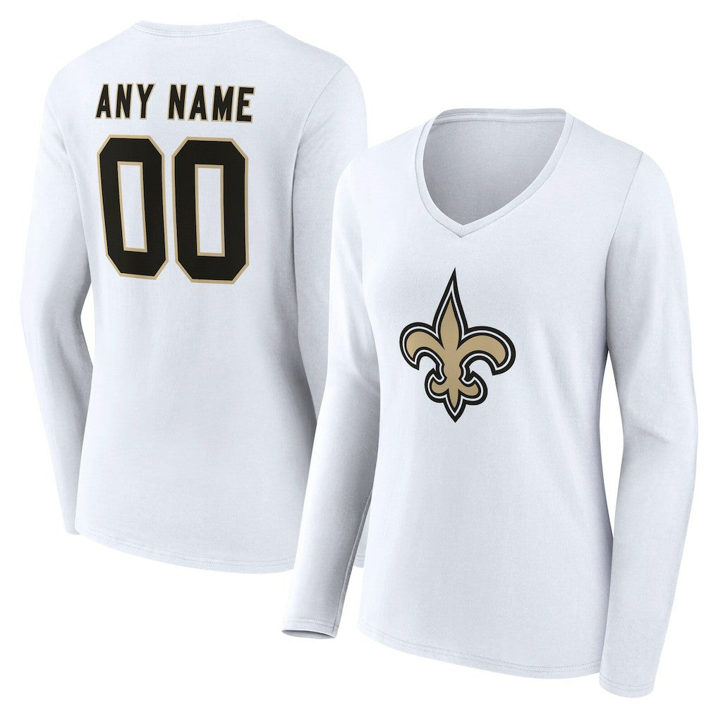New Orleans Saints Women's Team Authentic Personalized Name & Number Long Sleeve V-Neck T-Shirt - White T-shirts