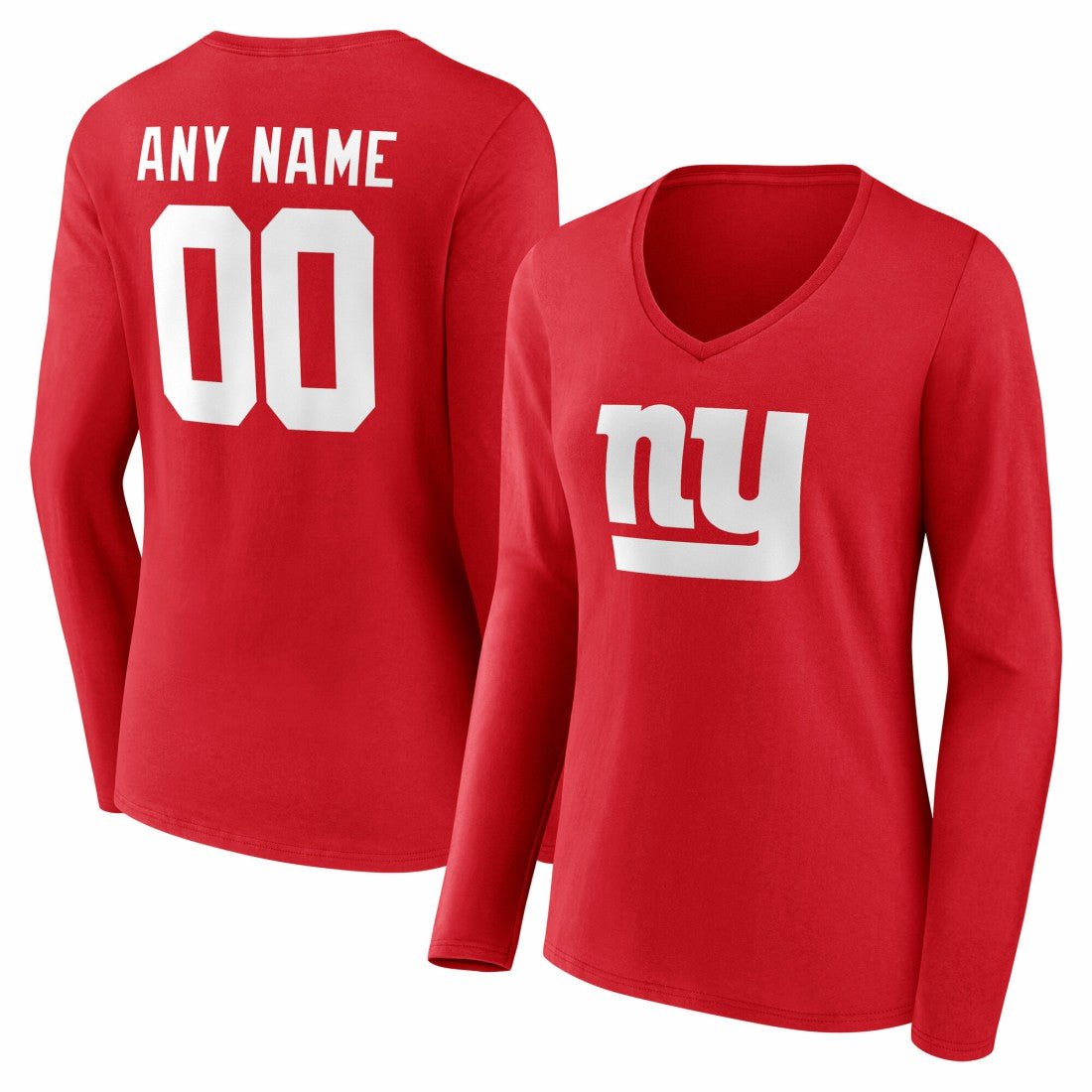 New York Giants Women's Team Authentic Personalized Name & Number Long Sleeve V-Neck T-Shirt - Red T-shirts