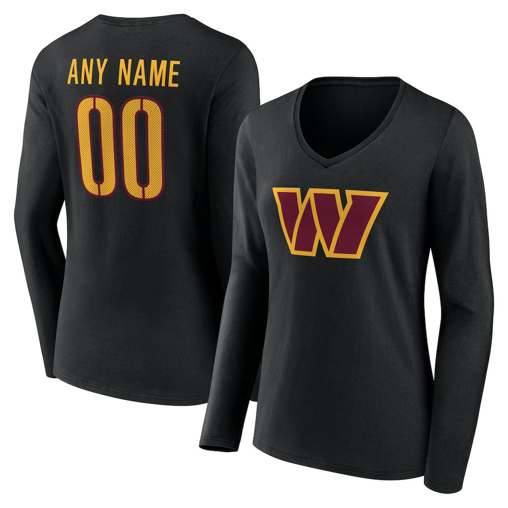 Washington Commanders Women's Team Authentic Personalized Name & Number Long Sleeve V-Neck T-Shirt - Black T-shirts