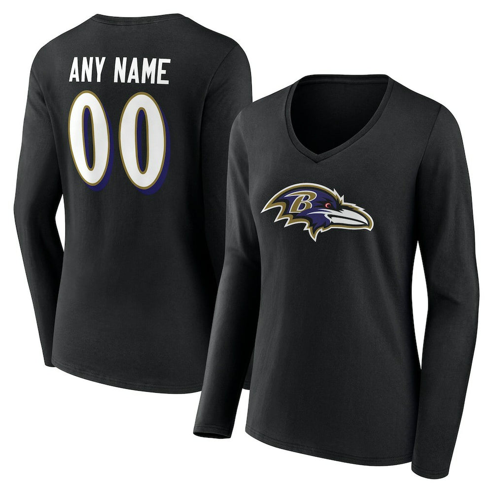 Baltimore Ravens Women's Team Authentic Personalized Name & Number Long Sleeve V-Neck T-Shirt - Black T-shirts
