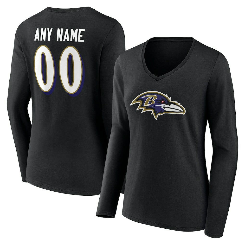 Baltimore Ravens Women's Team Authentic Personalized Name & Number Long Sleeve V-Neck T-Shirt - Black T-shirts