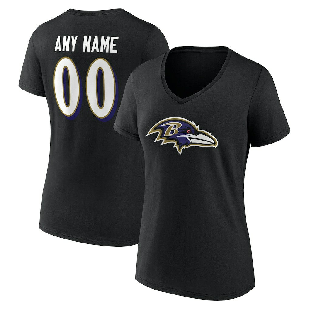 Baltimore Ravens Women's Team Authentic Personalized Name & Number V-Neck T-Shirt - Black T-shirts