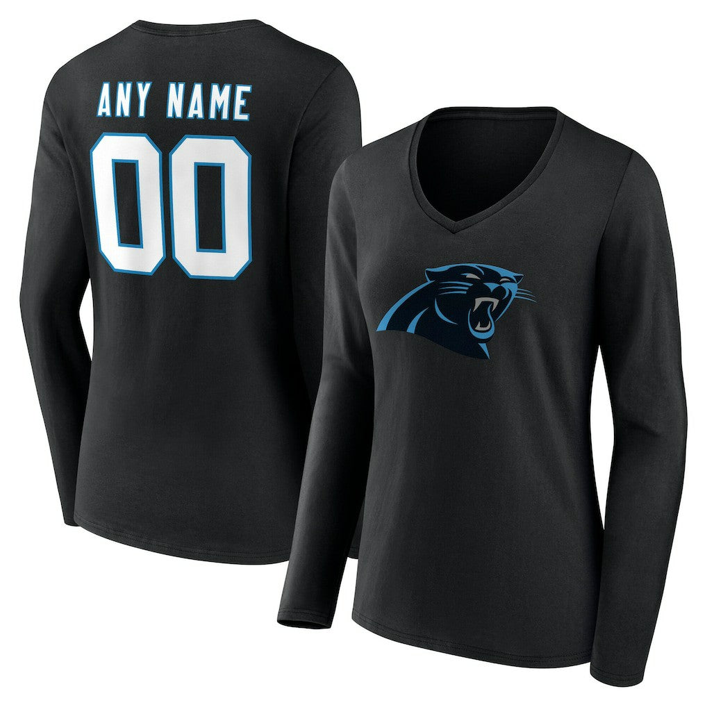 Carolina Panthers Women's Team Authentic Personalized Name & Number Long Sleeve V-Neck T-Shirt - Black T-shirts