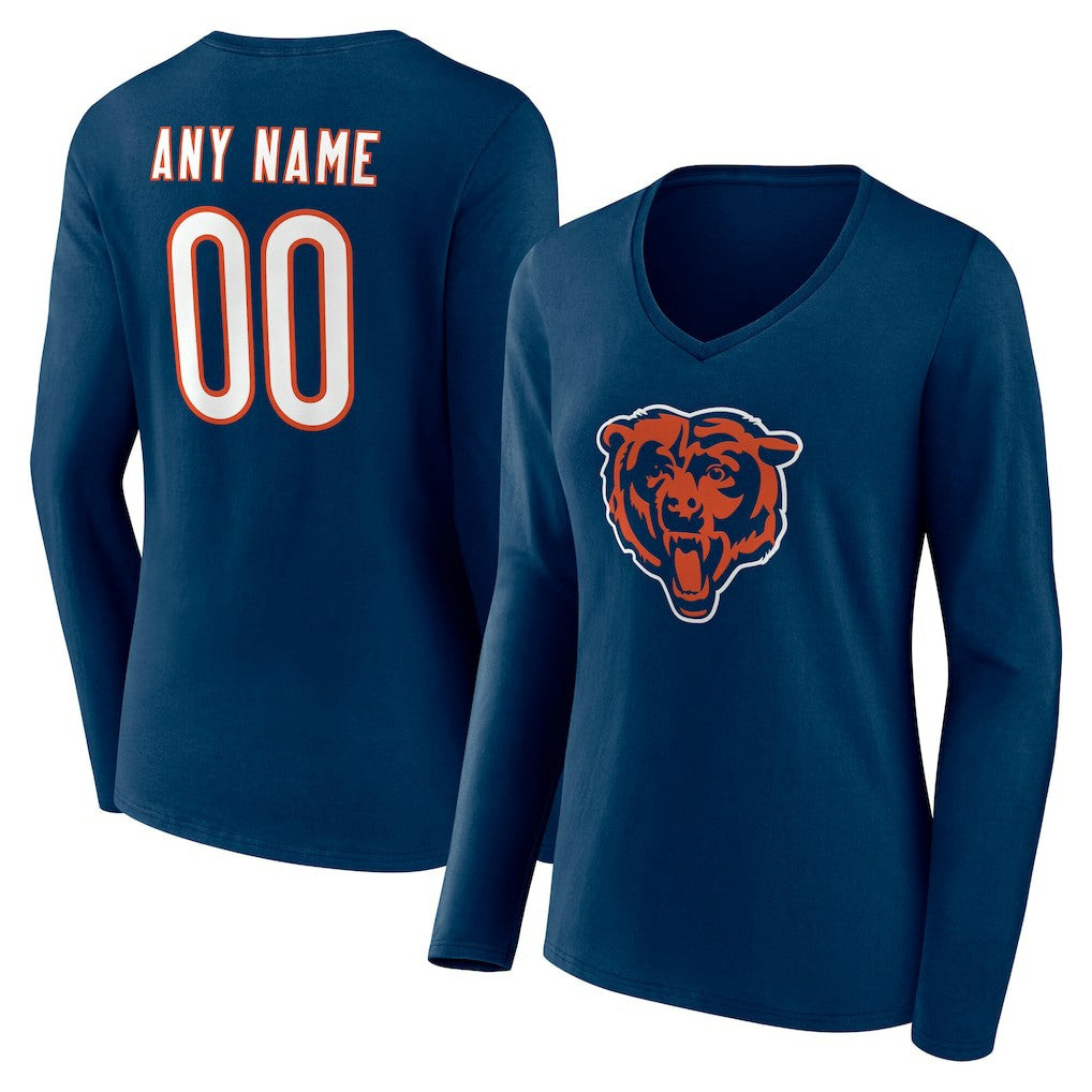 Chicago Bears Women's Team Authentic Personalized Name & Number Long Sleeve V-Neck T-Shirt - Navy T-shirts