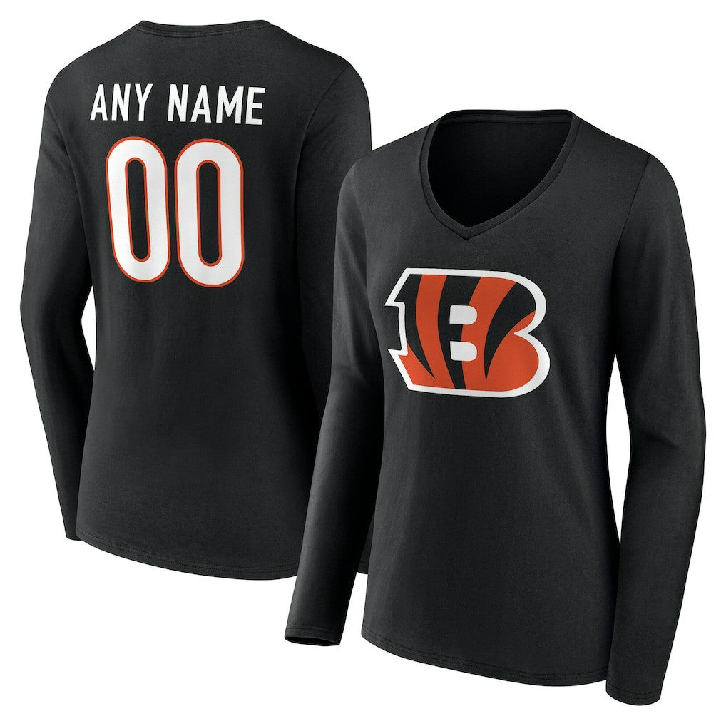 Cincinnati Bengals Women's Team Authentic Personalized Name & Number Long Sleeve V-Neck T-Shirt - Black T-shirts