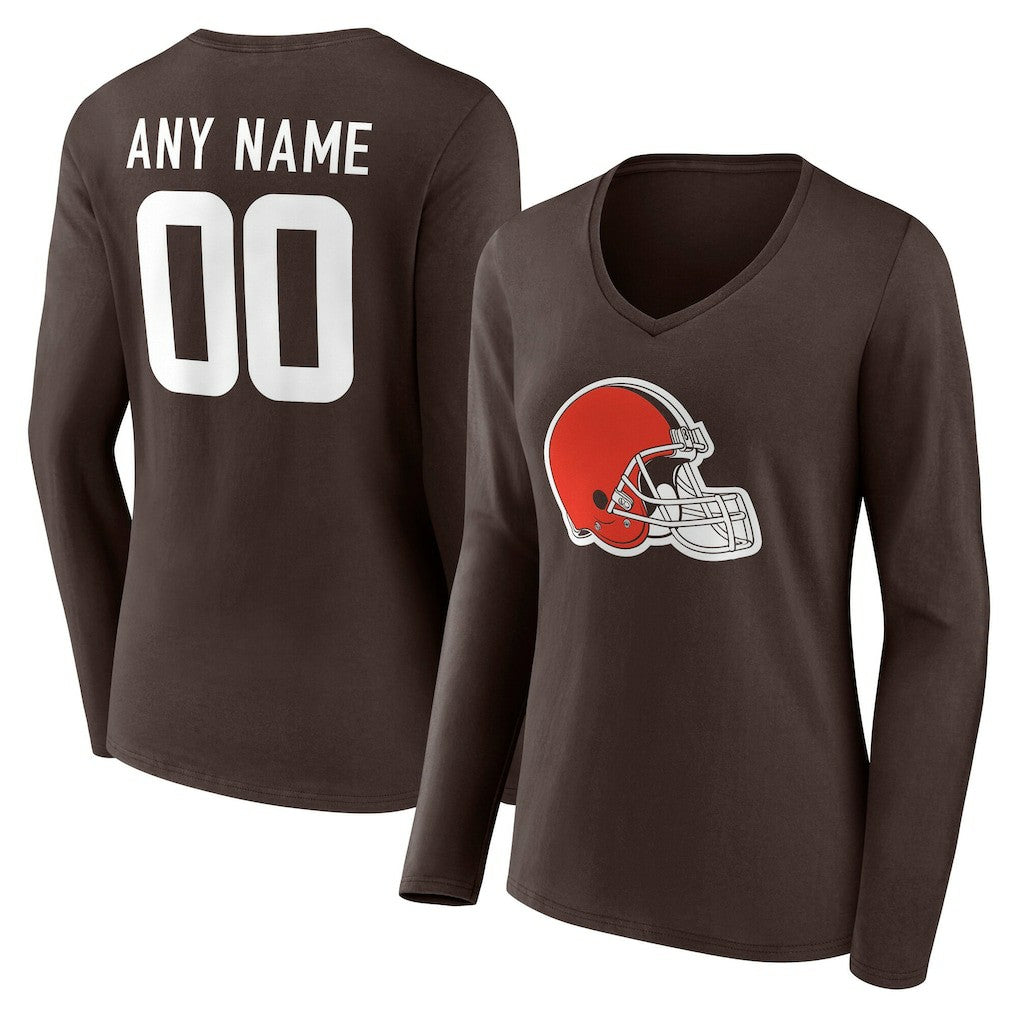Cleveland Browns Women's Team Authentic Personalized Name & Number Long Sleeve V-Neck T-Shirt - Brown T-shirts