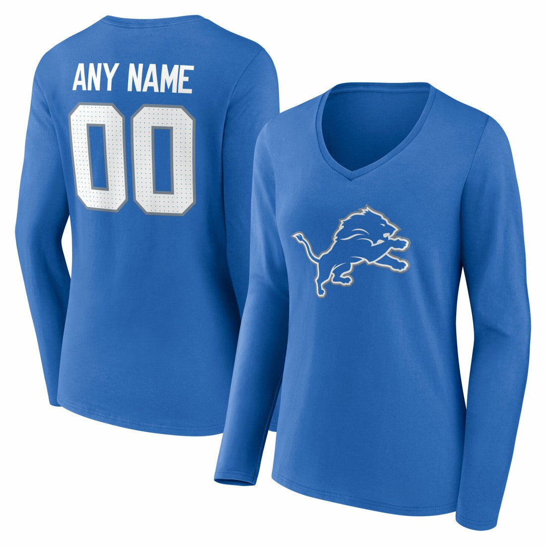 Detroit Lions Women's Team Authentic Personalized Name & Number Long Sleeve V-Neck T-Shirt - Blue T-shirts