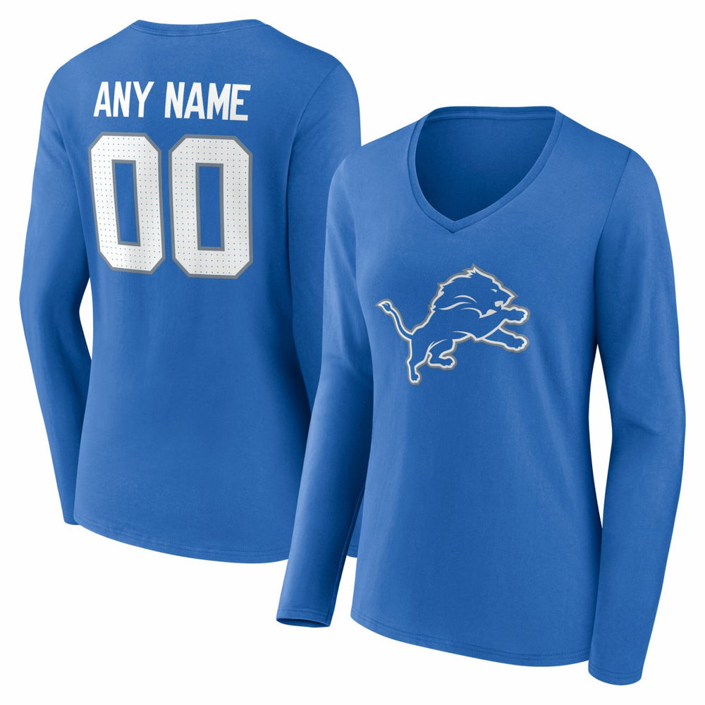 Detroit Lions Women's Team Authentic Personalized Name & Number Long Sleeve V-Neck T-Shirt - Blue T-shirts