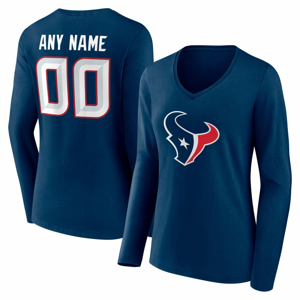 Houston Texans Women's Team Authentic Personalized Name & Number Long Sleeve V-Neck T-Shirt - Navy T-shirts