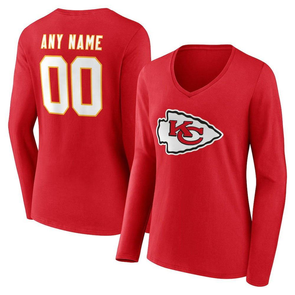 Kansas City Chiefs Women's Team Authentic Personalized Name & Number Long Sleeve V-Neck T-Shirt - Red T-shirts